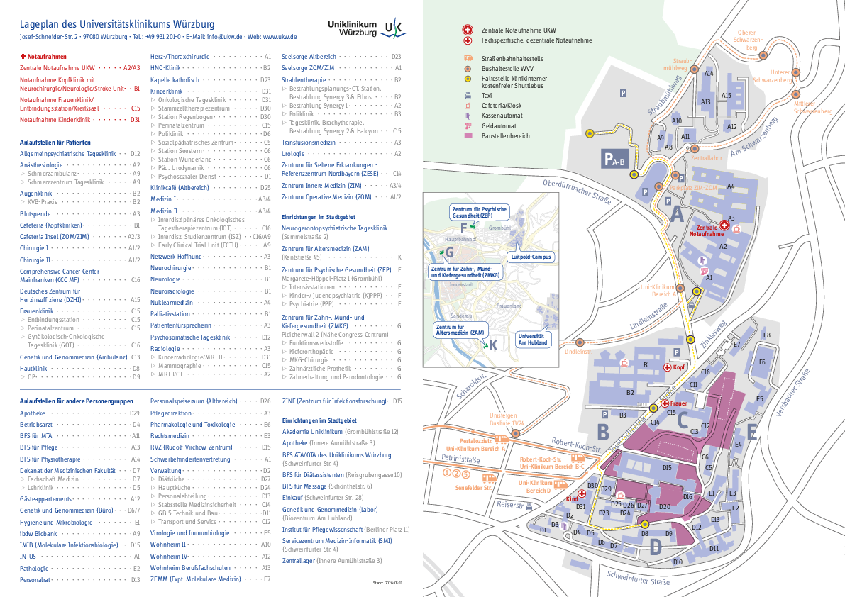 Übersichtsplan mit Liste aller Einrichtungen des Universitätsklinikums Würzburg als PDF herunterladen