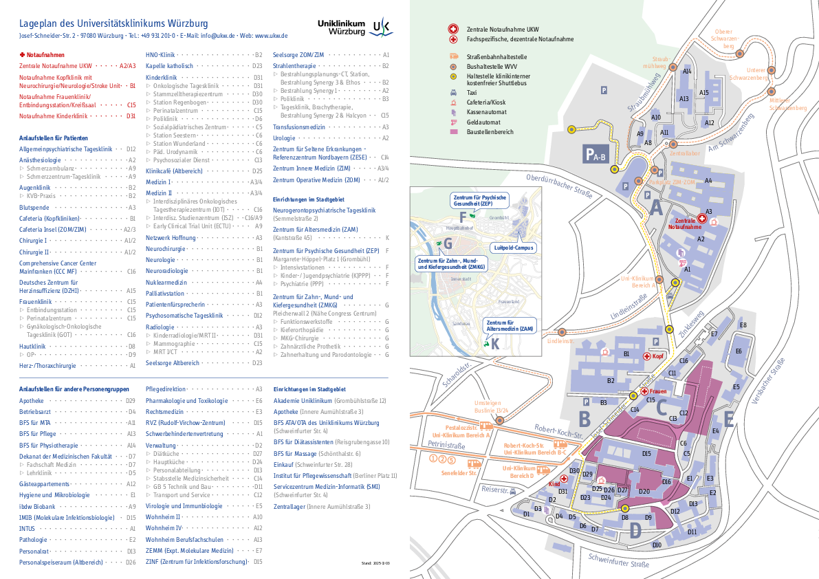 Übersichtsplan mit Liste aller Einrichtungen des Universitätsklinikums Würzburg als PDF herunterladen