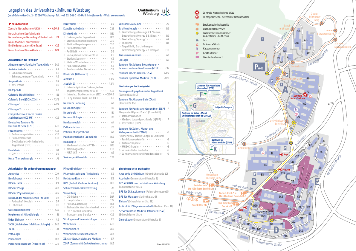 Übersichtsplan mit Liste aller Einrichtungen des Universitätsklinikums Würzburg als PDF herunterladen