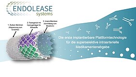 Die Folie zeigt, wie das System aufgebaut ist. Äußere Membran, Fasergerüst mit Hydrogelträger, Innere Membran. 