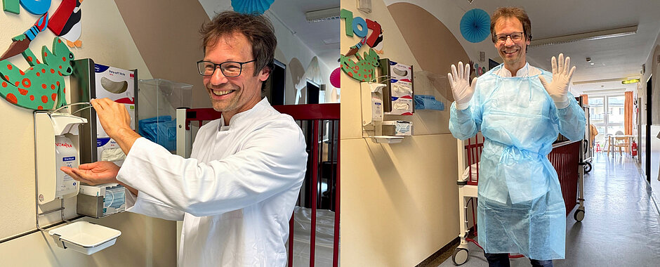 Collage mit zwei Bildern vom Flur der Kinderklinik 