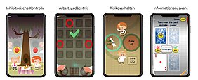 Screenshots der vier Smartphone-Spiele - Inhibitorische Kontrolle (Obst vom Baum auffangen), Arbeitsgedächtnis (Memory), Risikoverhalten und Informationsauswahl. 