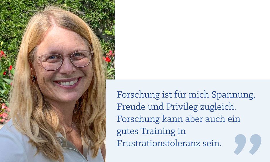 Portraitfoto von Stefanie Hahner mit Zitat: Forschung ist für mich Spannung, Freude und Privileg zugleich. Forschung kann aber auch ein gutes Training in Frustrationstoleranz sein. 