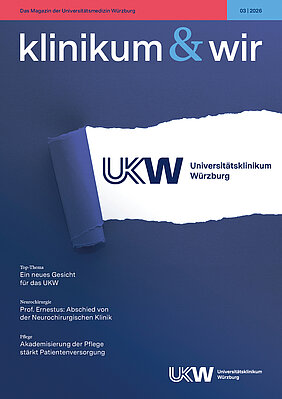 Titelseite der Ausgabe Klinikum & wir. Blauer Einband mit Aufriss auf dem das neue Logo zu sehen ist. 