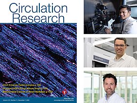 Collage mit Porträts der Forscher rechts und links dem Titelbild der November-Ausgabe von Circulation Research. 