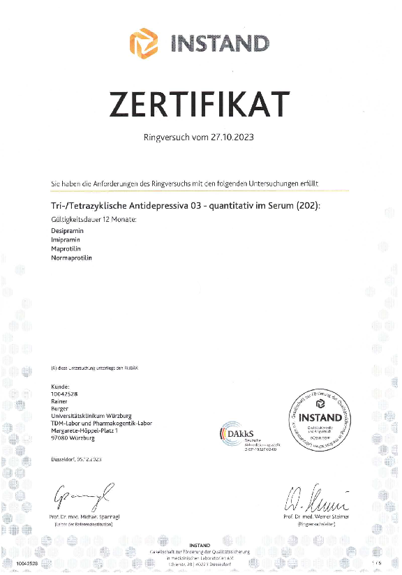 Zertifikat RV Instand 10_2023 Tri-/Tetrazyklische Antidepressiva 03 - quantitativ im Serum