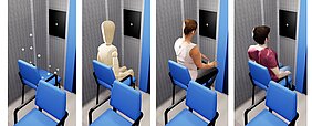 Vier Aufnahmen des virtuellen Raumes mit besetzten Stühlen.
