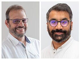 Collage aus den Porträts der beiden Wissenschaftler. Beide schauen in die Kamera, tragen Brille, Bart und helles Hemd. . 