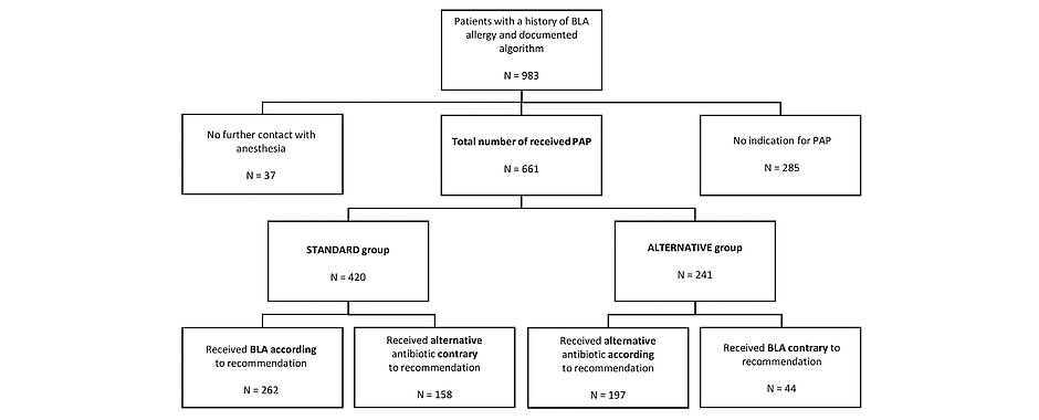 Die Grafik ist ein Flussdiagramm und zeigt, wie viele Patienten rekrutiert wurden und wer was angab und erhielt. 