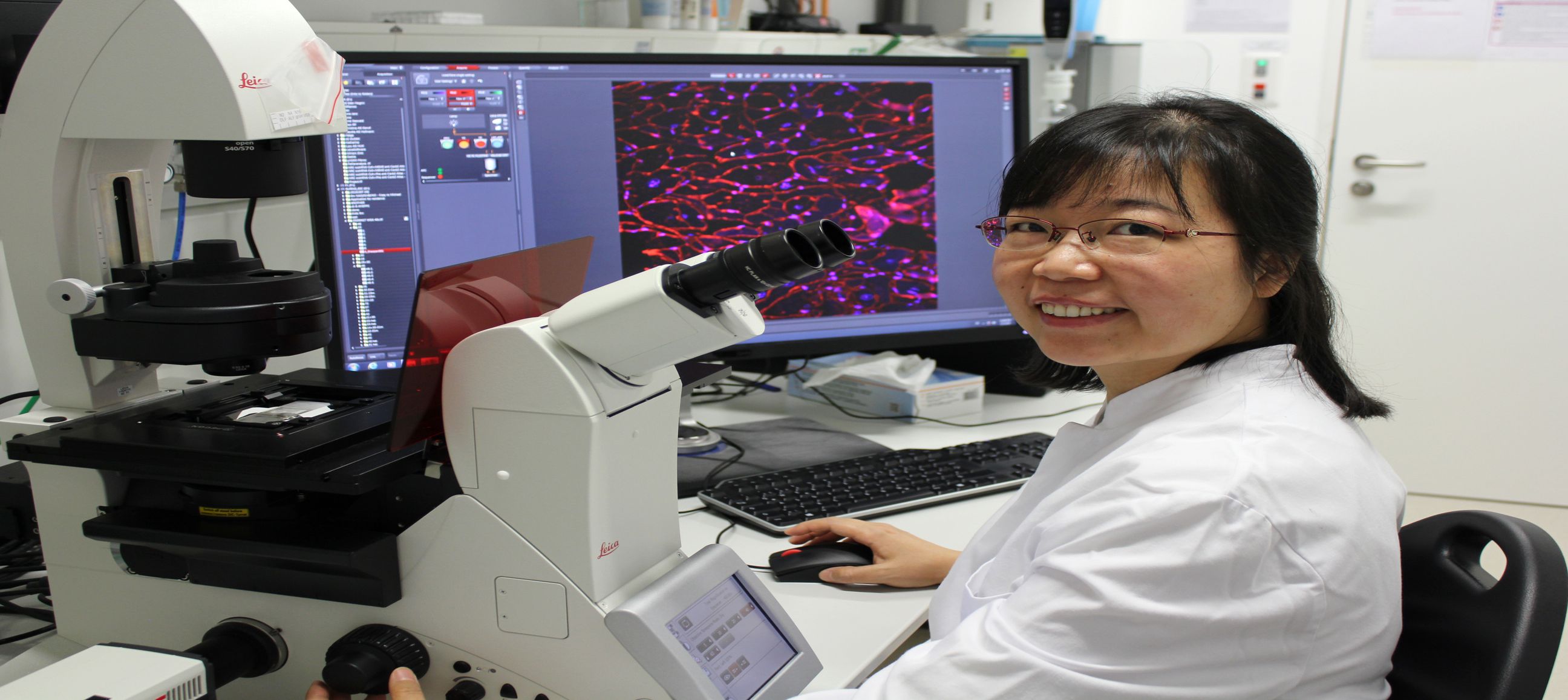 Ruping Chen sitzt im DZHI am Mikroskop. 