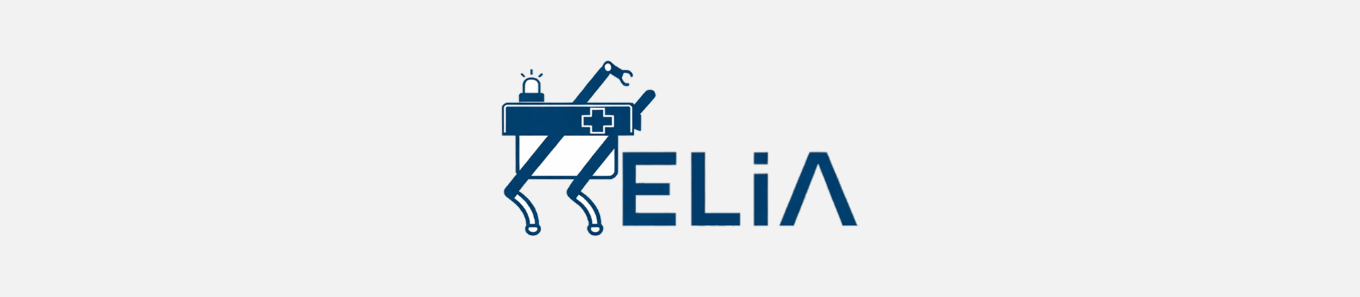 Logo Projekt HELIA. Illustration: Dilara Diegelmann HELIA-Logo mit Schriftzug "HELIA" in stilisierter Schrift vor hellgrauem Hintergrund; vierbeiniger Roboter stellt Buchstaben H dar