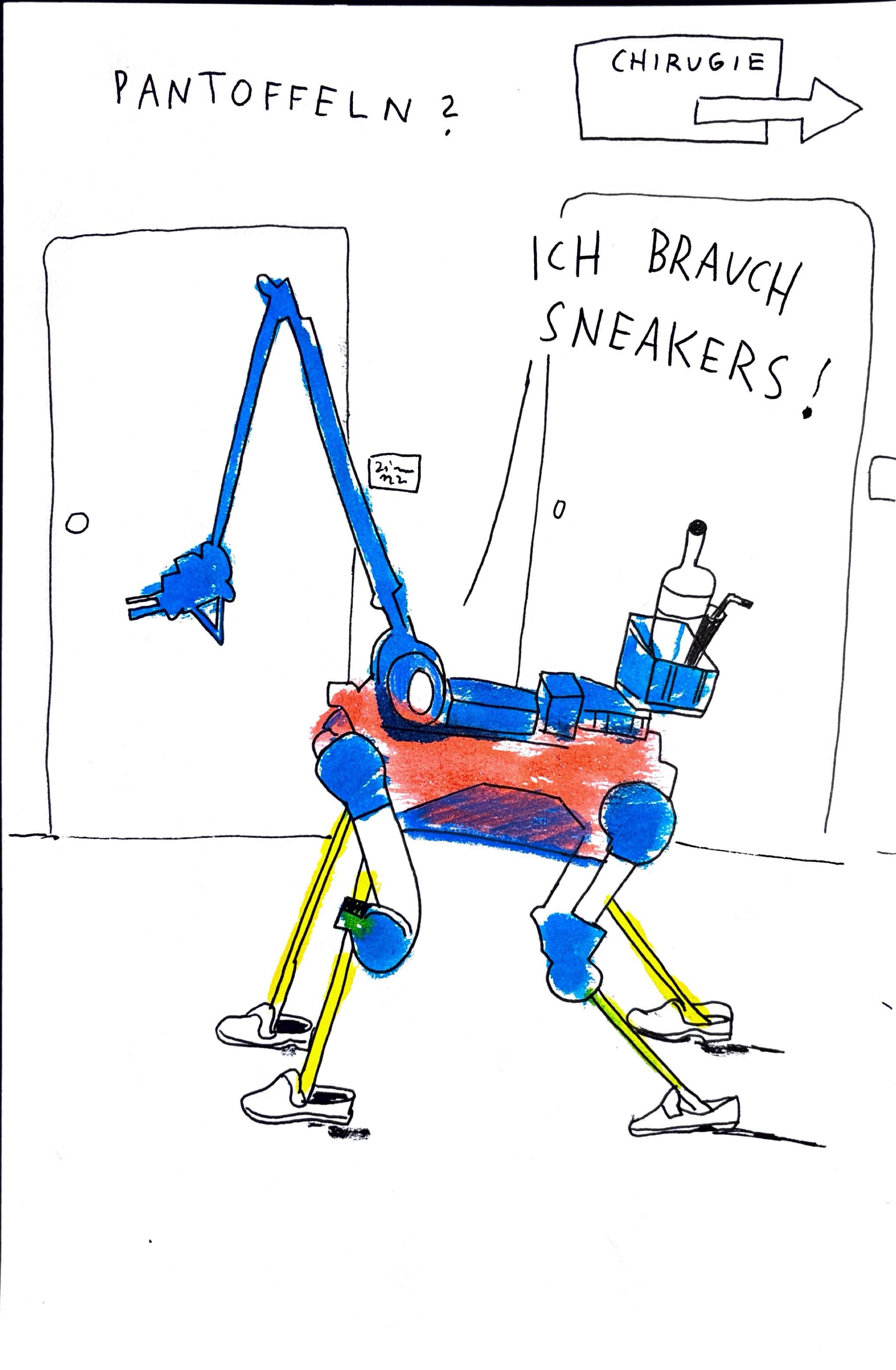 Illustration des Roboterhundes mit Greifarm auf der Station eines Krankenhauses. Der Roboterhund trägt Schuhe und sagt „Pantoffeln? Ich brauch Sneakers!”.