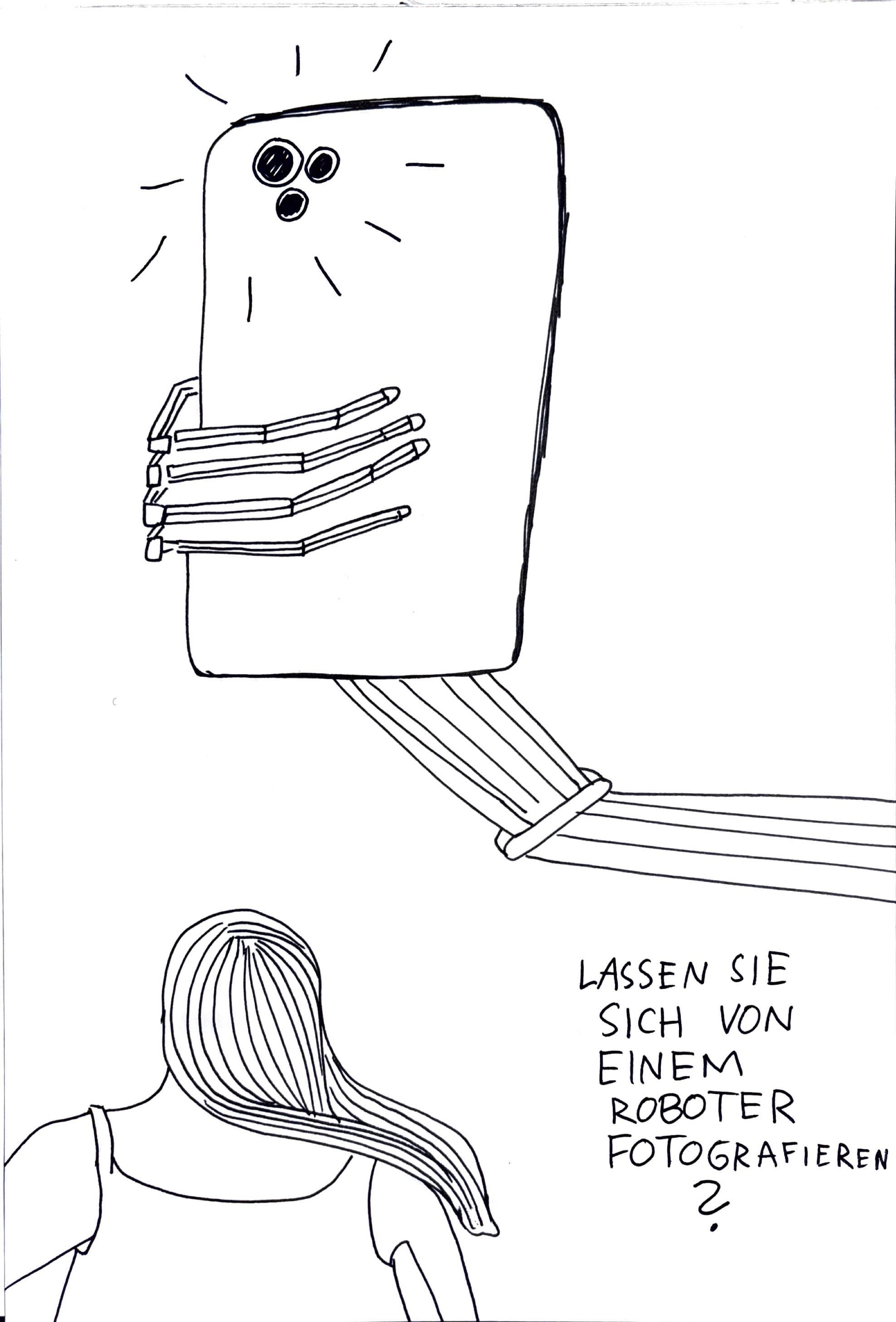 Illustration davon wie ein Roboterarm mit einem Smartphone ein Foto einer Person aufnimmt. Es wird gefragt „Lassen Sie sich von einem Roboter fotografieren?”.