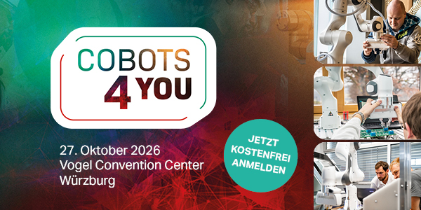 Banner der COBOTS4YOU-Messe am 27.Oktober 2026 im Vogel Convention Center Würzburg mit Event-Logo. Die Anmeldung ist kostenfrei.