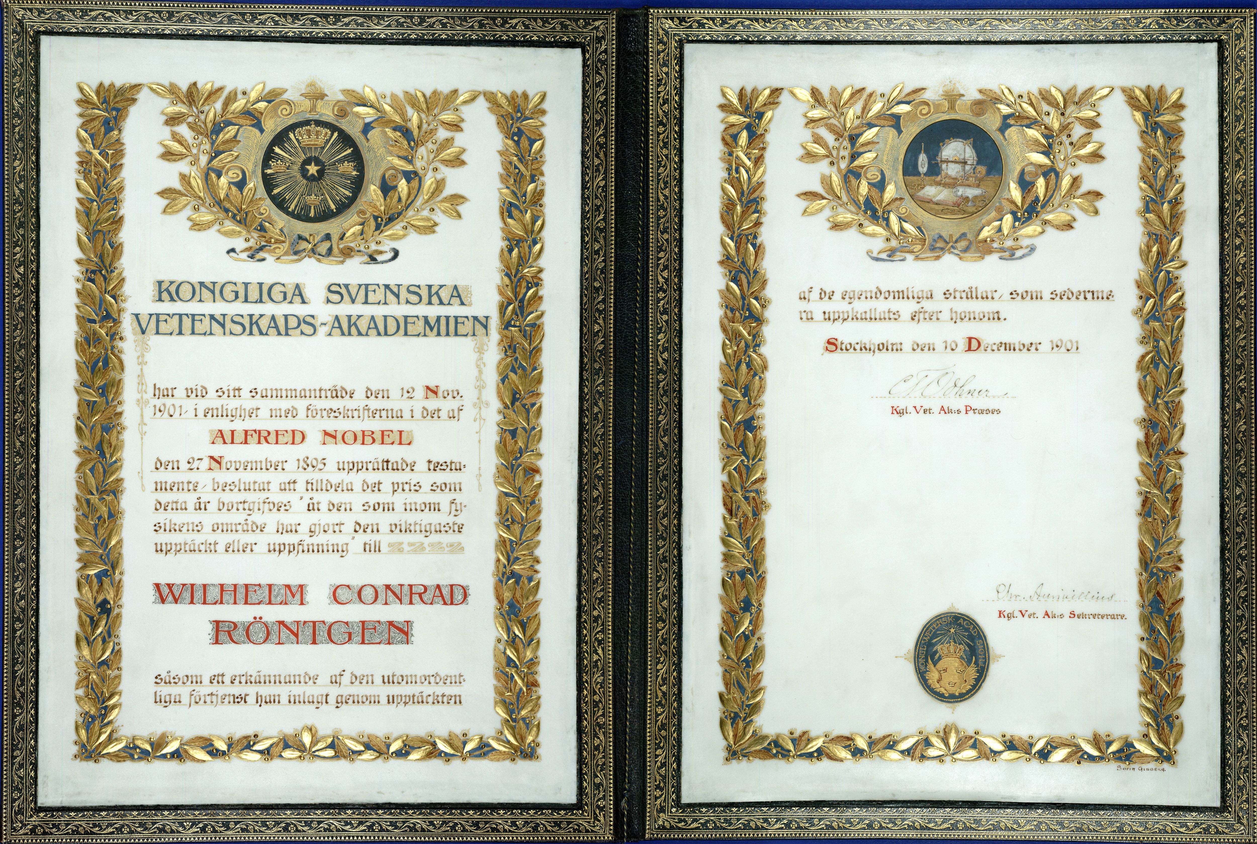 Teilvergoldete Nobelpreisurkunde Röntgens