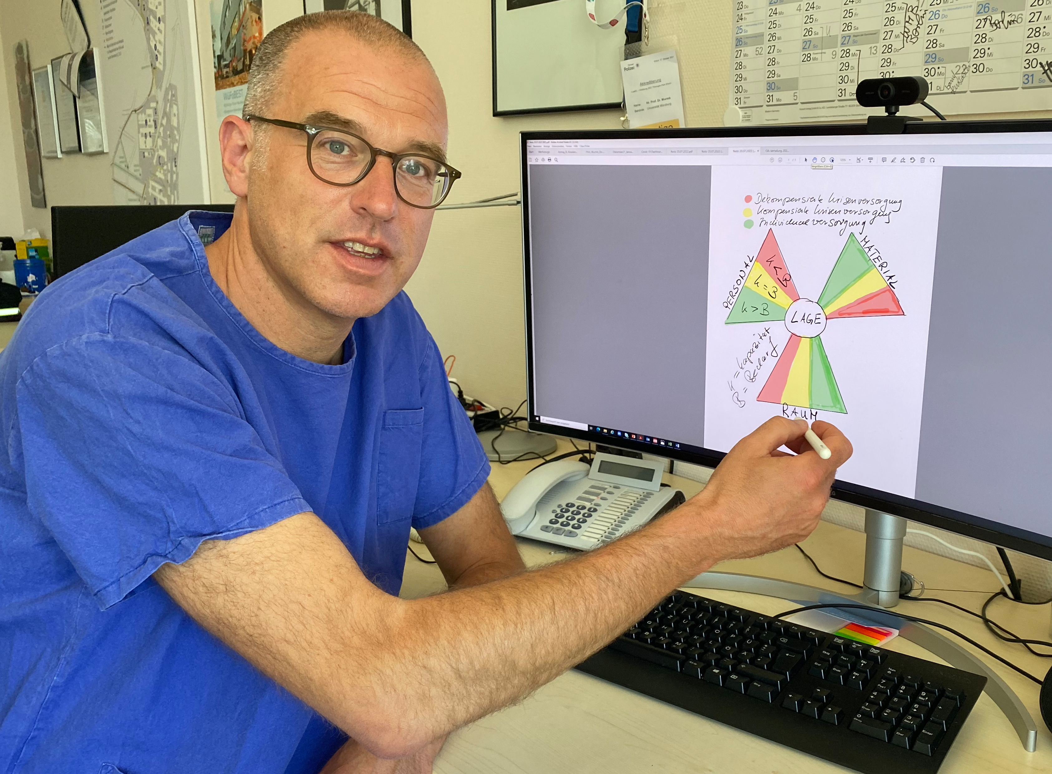 Das Bild zeigt Thomas Wurmb vor einem Computerbildschirm, auf dem das Windmühlenmodell visualisiert ist. 