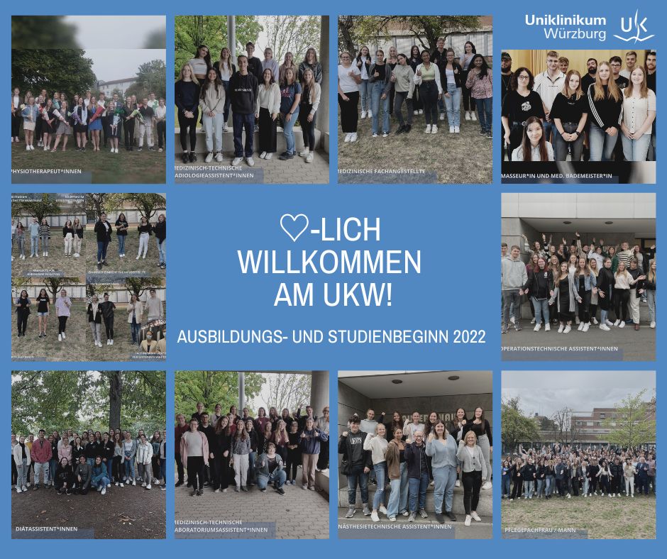 Collage mit Gruppenfotos aller neuen Azubis und Studierenden zum Ausbildungsbeginn 2022 am Uniklinikum Würzburg