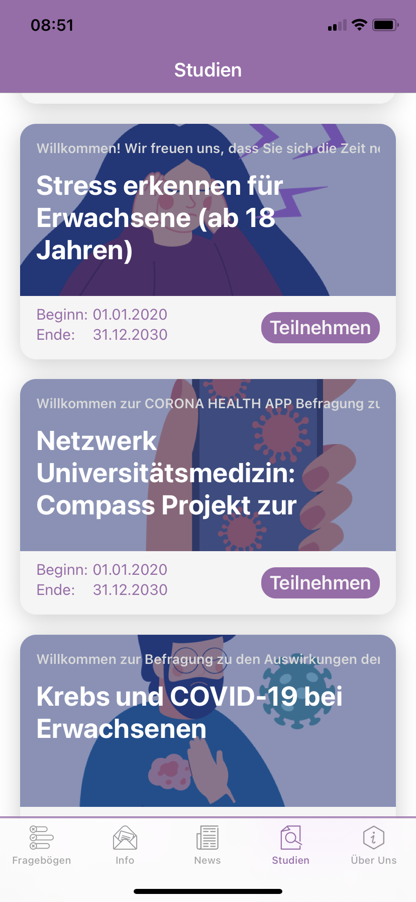 Das Bild zeigt einen Screenshot der Umfrage Krebs und Covid-19 in der Corona Health App 