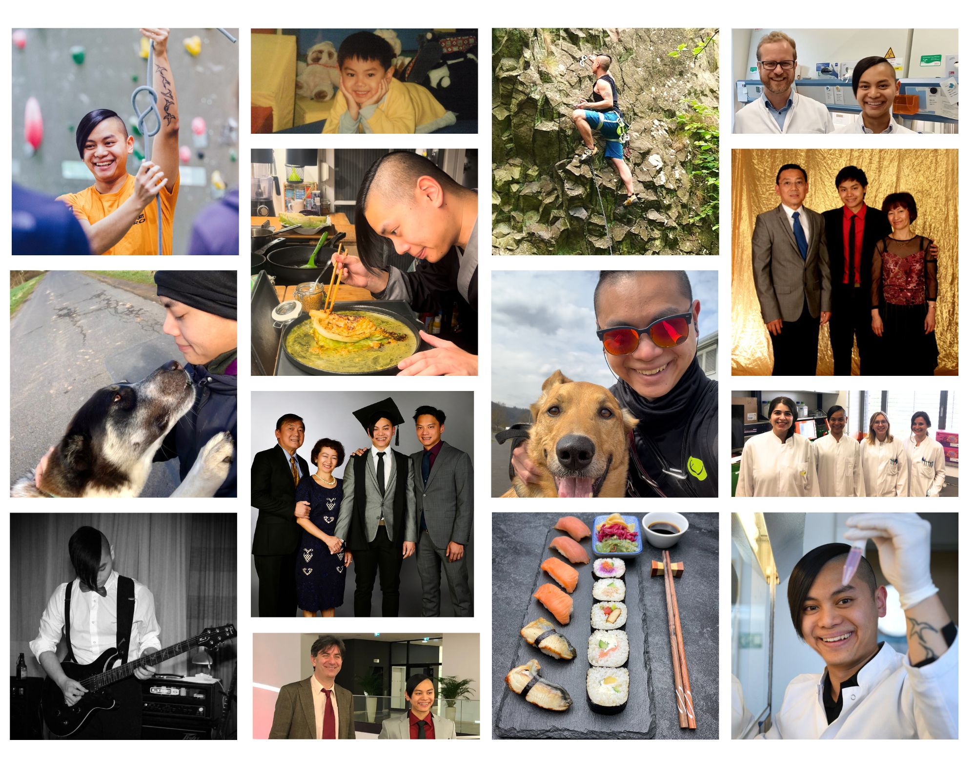 Die Collage zeigt Maik Luu mit seinen Eltern, seinen Mentoren, seinem Team, an der Gitarre, beim Kochen und Klettern und im Tierheim. 