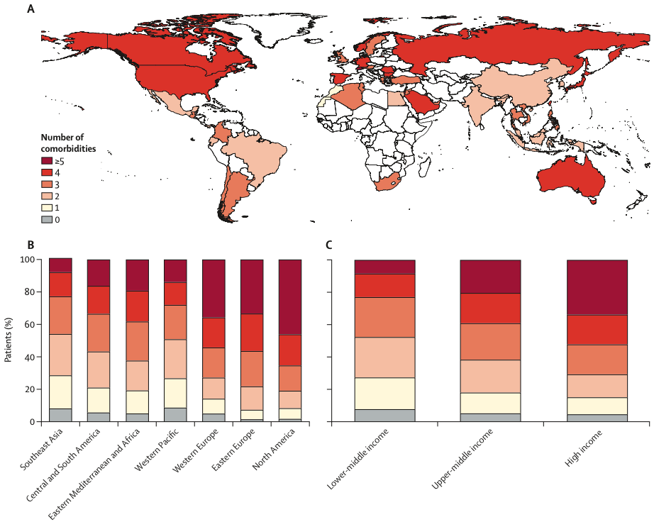 Die Weltkarte zeigt die Länder, die an der Studie teilgenommen haben und wie hoch ihre durchschnittlichen Komorbiditäten bei Herzinsuffizienz sind. 
