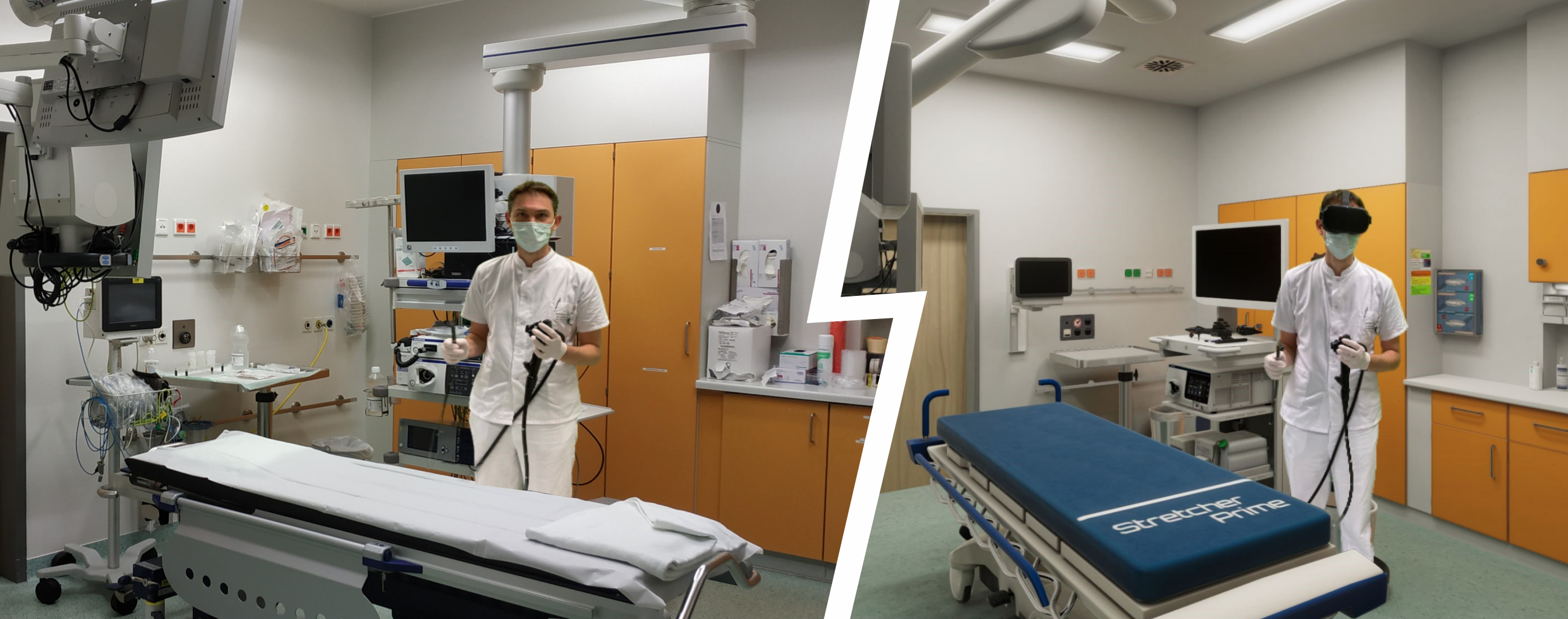 Zu Weiterbildungszwecken wird in der Gastroenterologie des UKW die reale Umgebung zur virtuellen Realität. Prof. Dr. Alexander Hann, stellvertretender Leiter der Gastroenterologie am UKW und Professor für Digitale Transformation in der Gastroenterologie, teleportiert sich mit einer VR-Brille in das digitale Weiterbildungsportal. Foto: Alexander Hann / UKW
