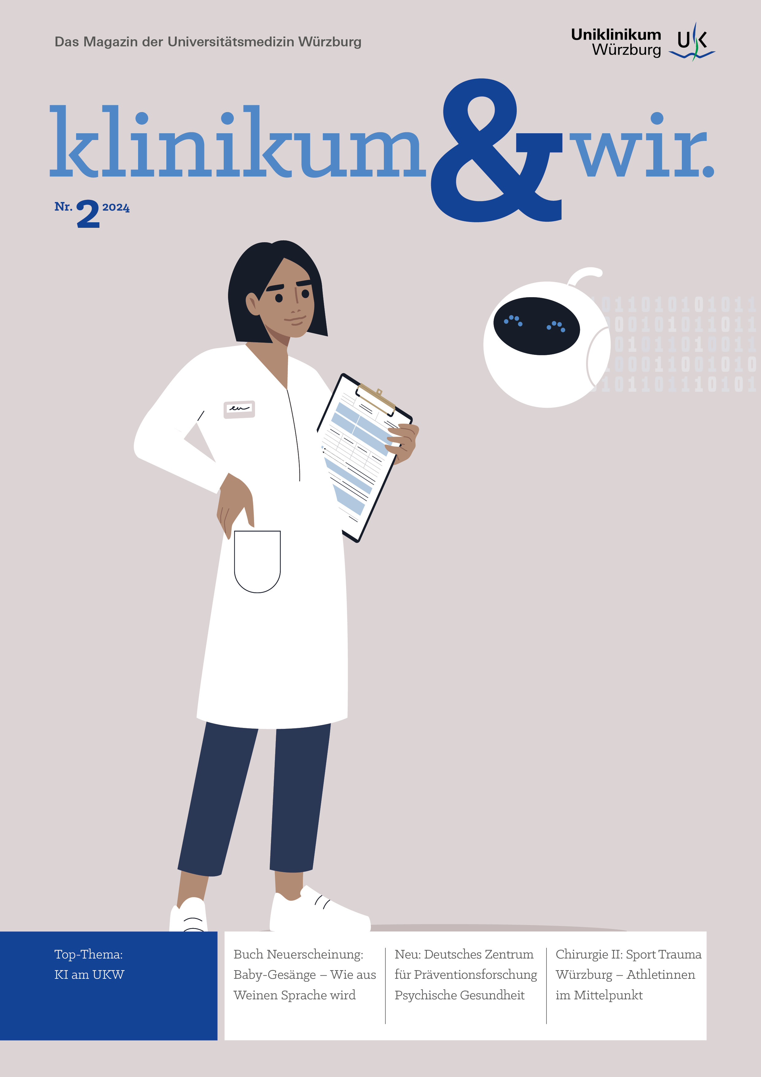 Die Titelseite des Magazins klinikum & wir weist auf das Top-Thema zur Künstlichen Intelligenz hin.