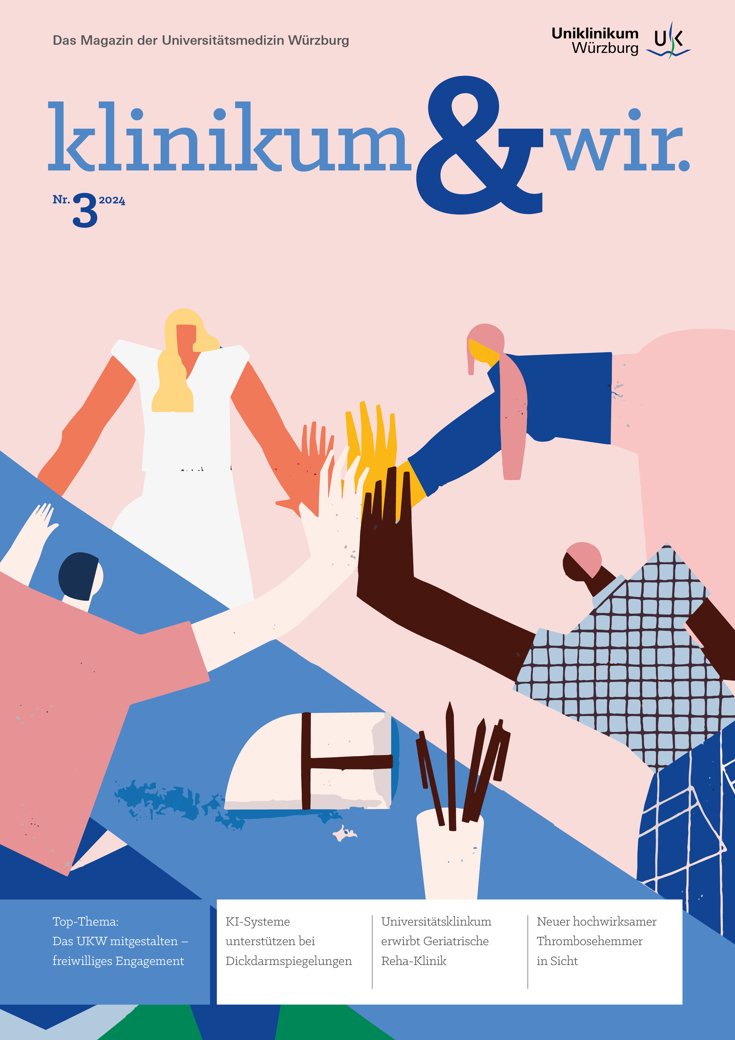 Titel_kuw03_24.jpg, © UKW Die Titelseite der Ausgabe 3-2024 des Magazins klinikum & wir.