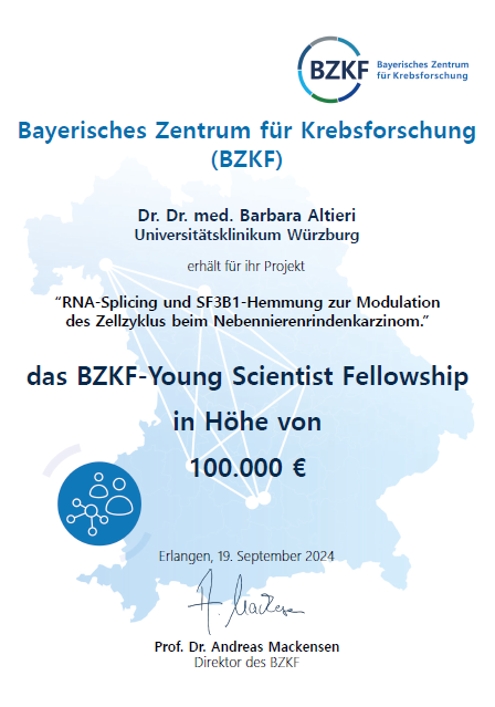 Urkunde Fellowship 2025 - Frau Dr. Dr. Barbara Altieri, Universitätsklinikum Würzburg, “RNA-Splicing und SF3B1-Hemmung zur Modulation des Zellzyklus beim Nebennierenrindenkarzinom.”