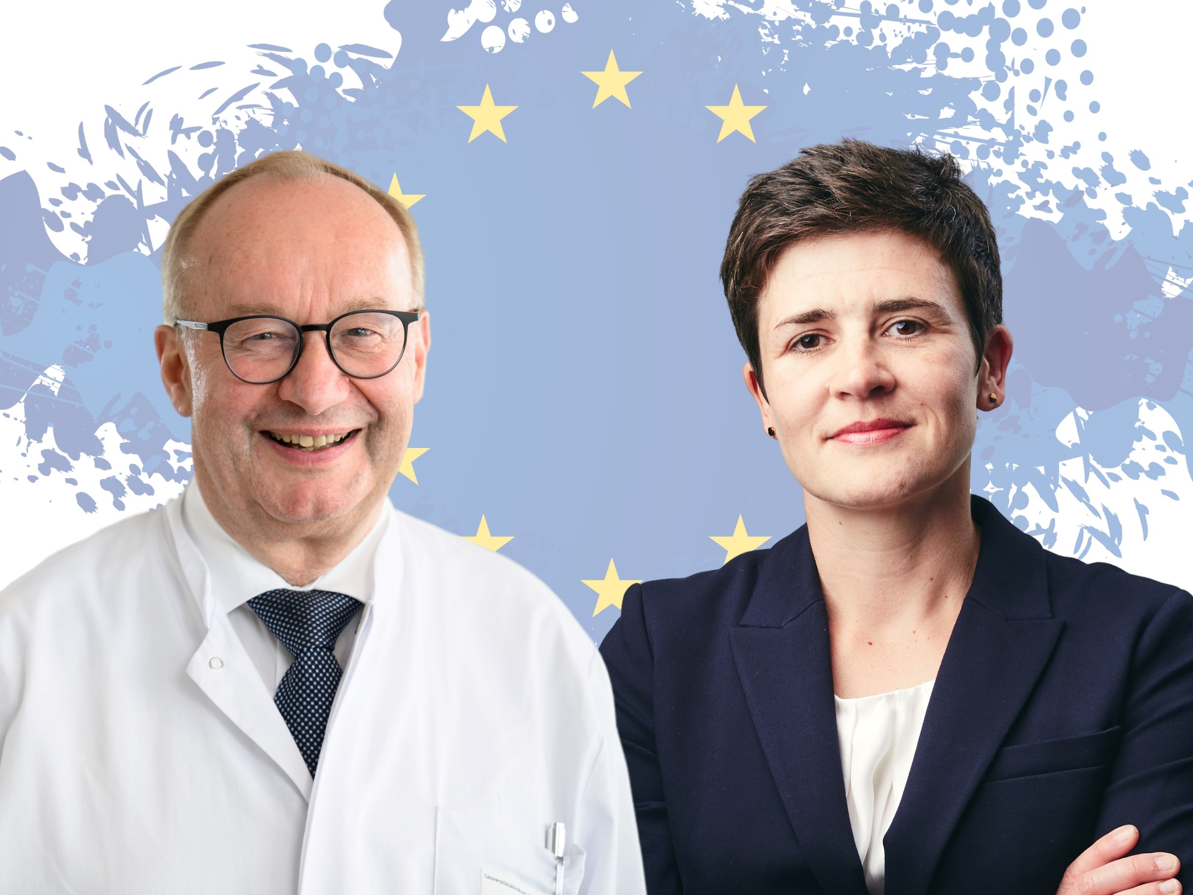 Freigstellte Porträts von Hermann Einsele und Anke K. Bergmann vor halb transparenter EU-Flagge