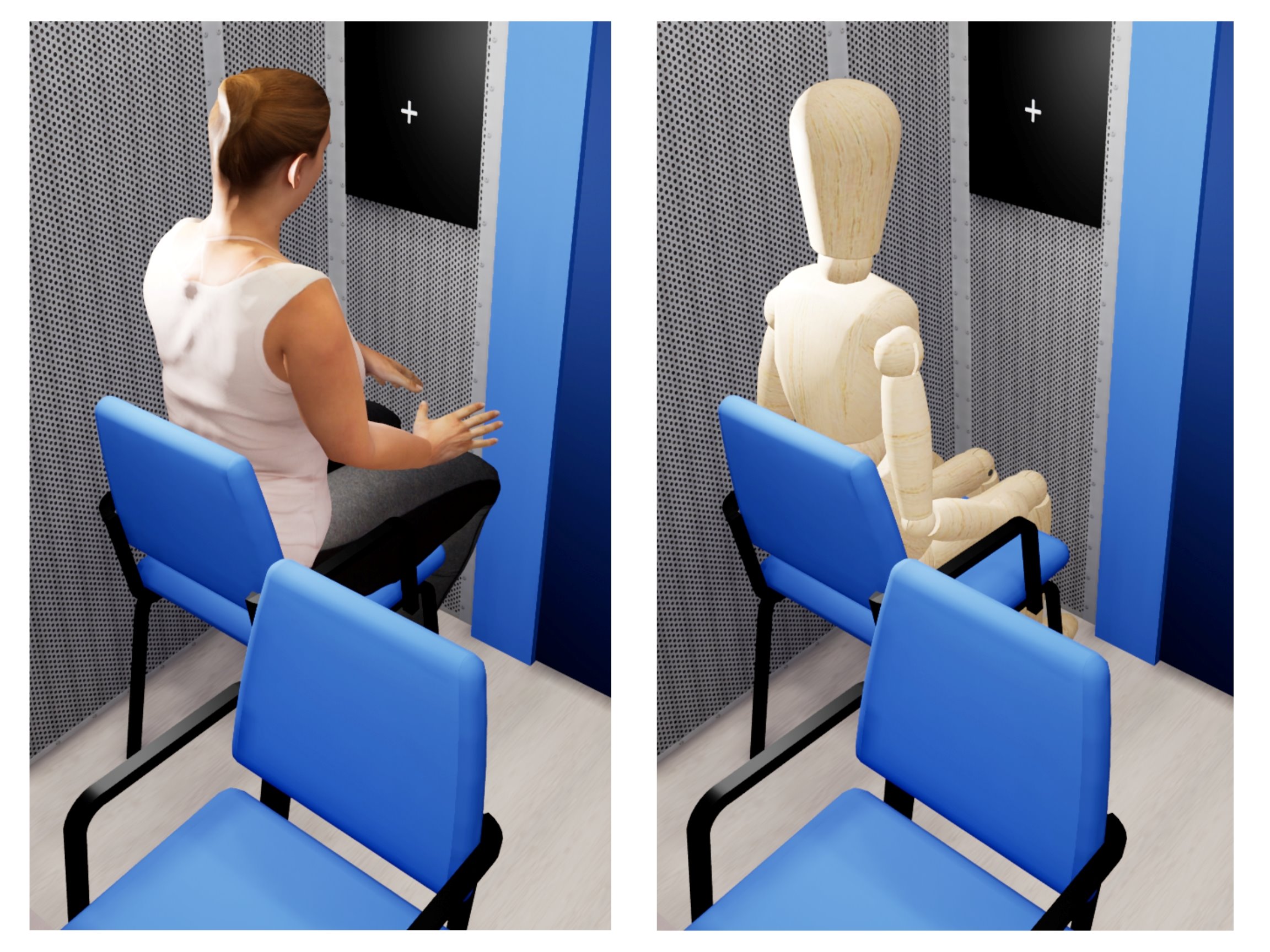 Zwei Bildausschnitte aus dem VR-Labor nebeneinander, VR-Frau und Holzfigur Woody sitzen mit dem Rücken dem Betrachter zugewandt in der schallisolierten VR-Kabine. 