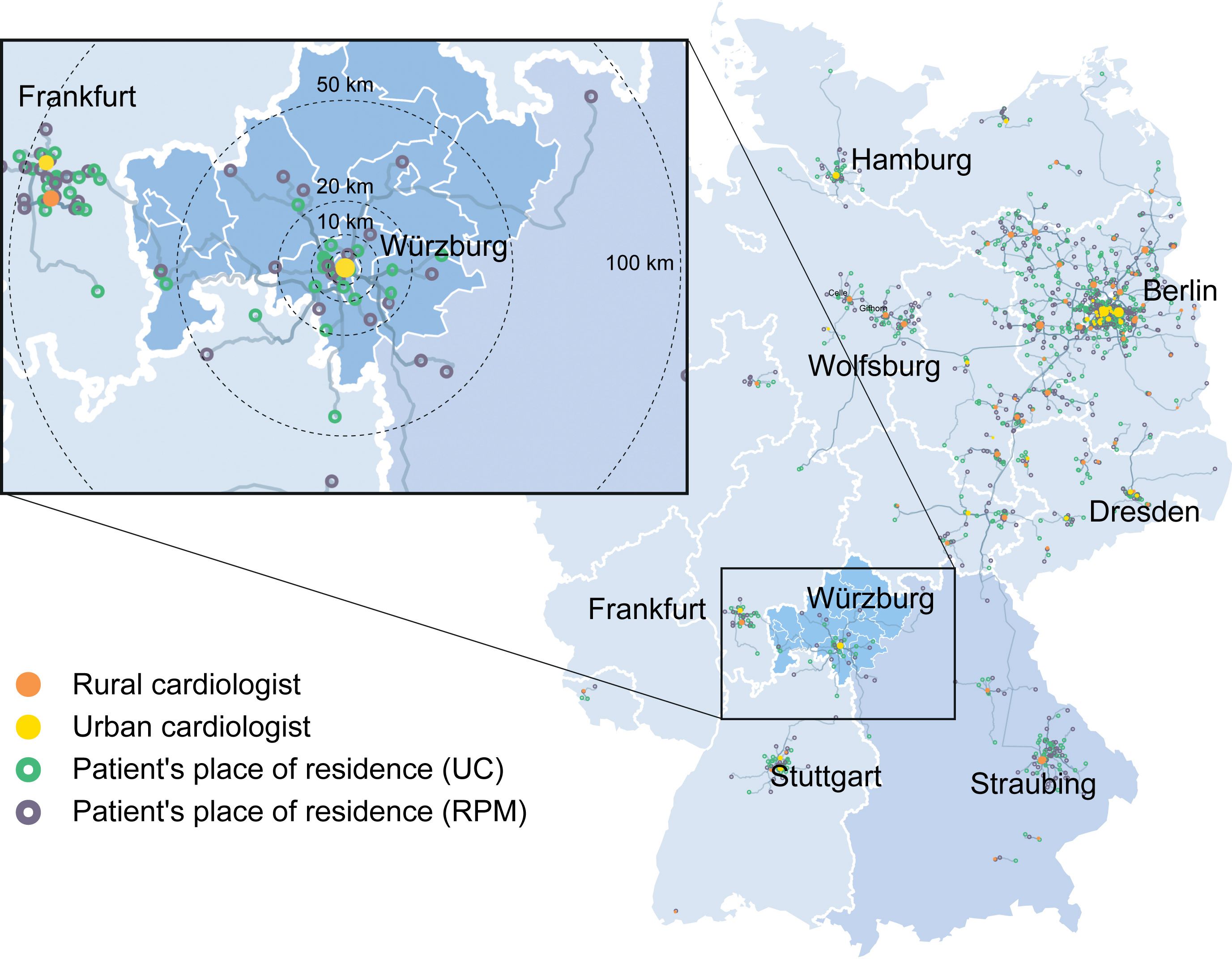 Karte Karte aus der Publikation mit Vergrößerung der Region rund um Würzburg