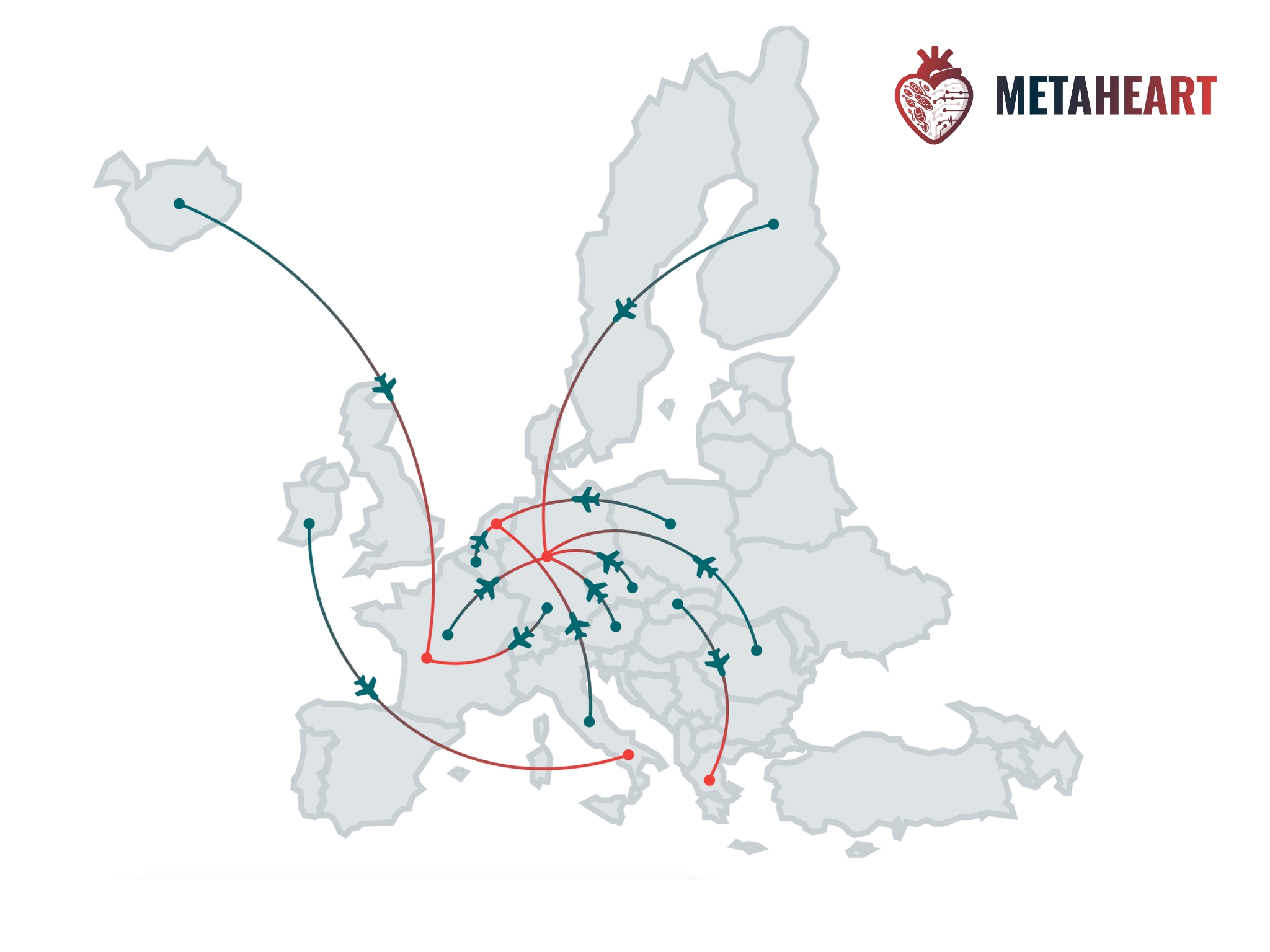 Karte STMS METAHEART eine hellgraue Landkarte von Europa mit Flugzeugstrecken von Ländern zu anderen Ländern, um die Forschungsaufenthalte zu verdeutlichen.