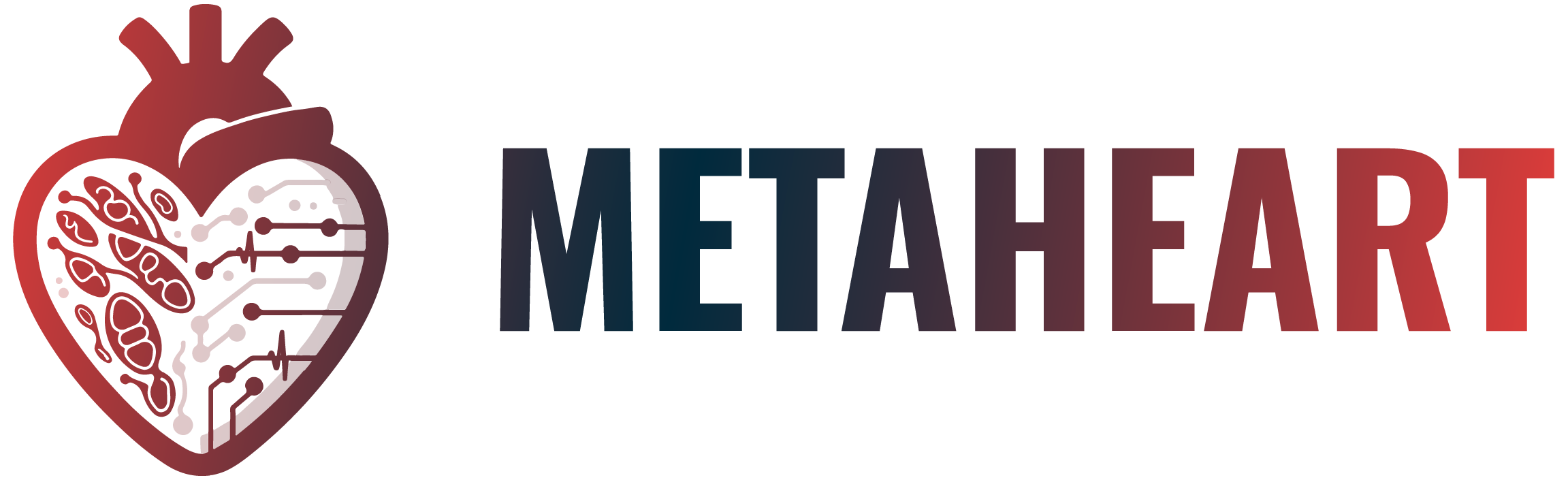 Logo METAHEART Ein Herz und ein Schriftzug METAHEART mit Verlauf von blau zu rot