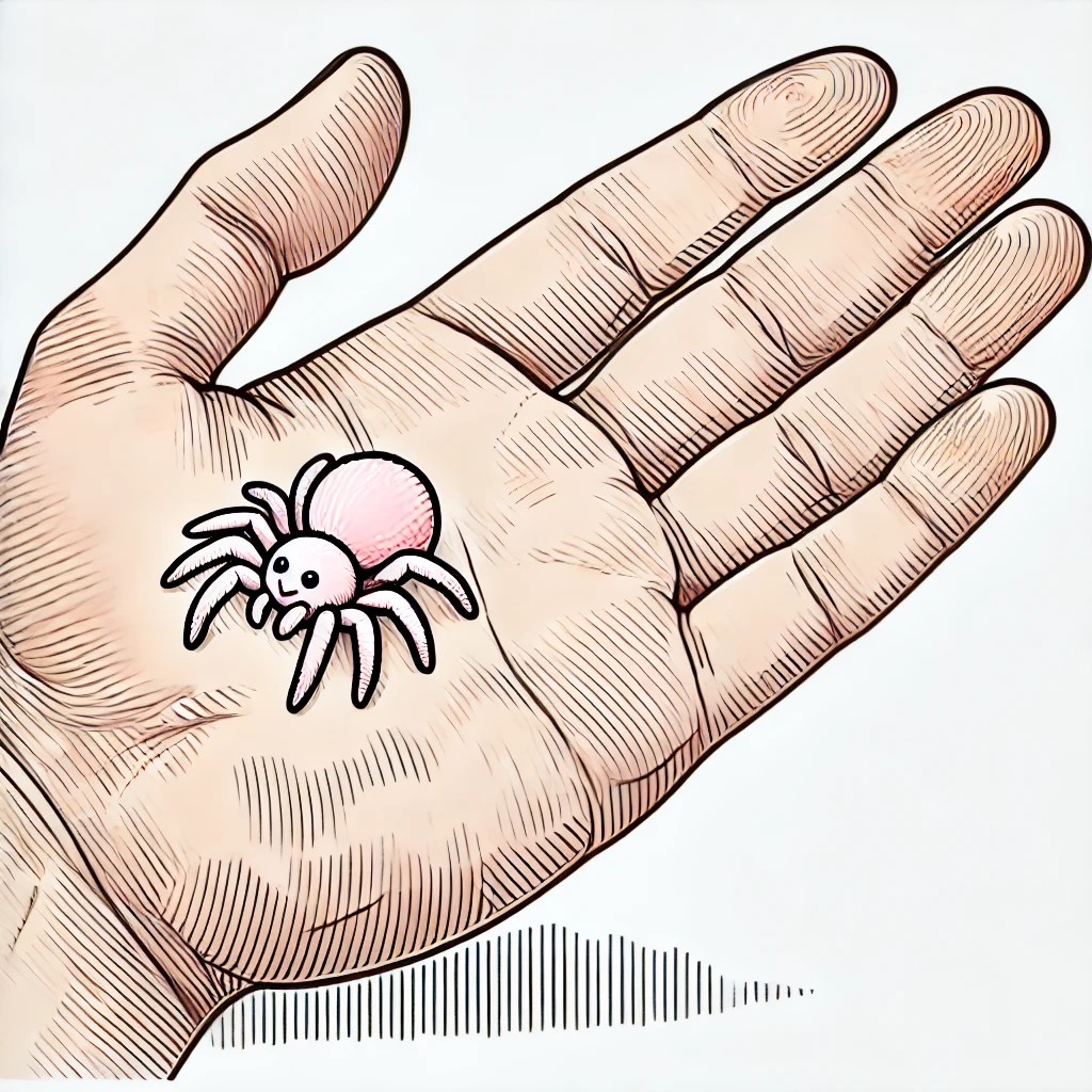 Grafik von einer Hand auf der eine eher niedliche kleine helle Spinne sitzt 