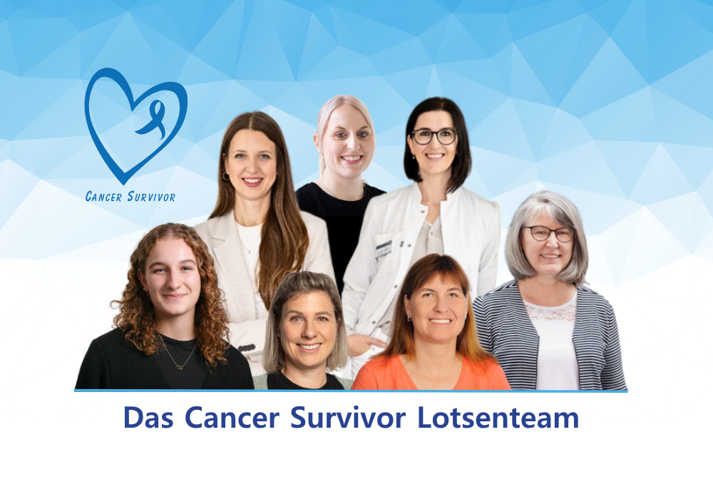 Das Bild zeigt sieben Frauen vom Cancer Survivor Lotsenteam. Oben links im Bild ist ein blaues Herz und im Herz ist eine blaue Krebsschleife
