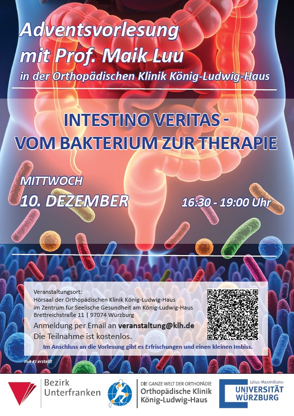 Auf dem Poster wird die Adventsvorlesung mit Prof. Maik Luu bekanntgegeben.  Man sieht eine Animation, die einen leuchtenden Darm zeigt mit vielen bunten Strichen und Kreisen die die Bakterien zeigen. Zusätzlich steht Tag, Uhrzeit und Veranstaltungsort auf dem Poster. Auch ein QR-Code ist auf dem Poster zu sehen.. 