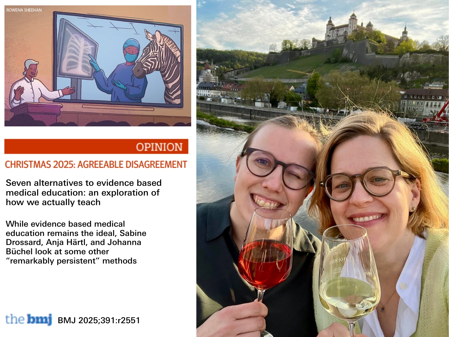 Collage: Oben links die Illustration von Lehrsituation im Hörsaal (Monitor zeigt einen Chirurgen mit Zebra vor Röntgenbild mit Brustbein und Rippen), rechts ein Bild der Würzburger Autorinnen auf der Alten Mainbrücke mit Weinglas in den Händen. 