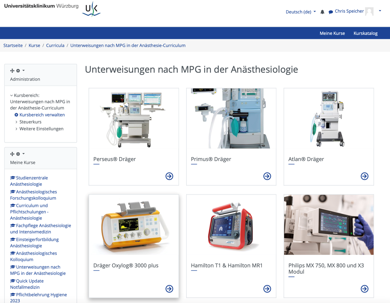 Screenshot der Lernplattform mit einigen der Geräte, für die es nun Einweisungsvideos gibt. 