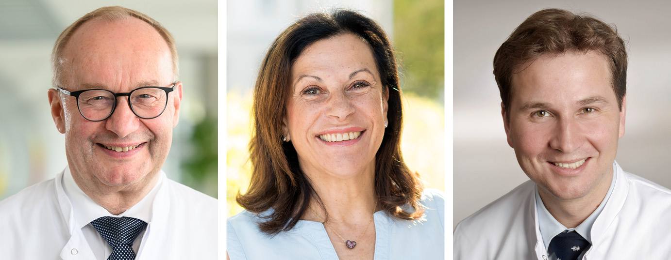 Auf dem Foto sind drei Portrait Fotos von Herrn Prof. Einsele, Gabriele Nelkenstock und Herren Prof. Beilhack zu sehen.