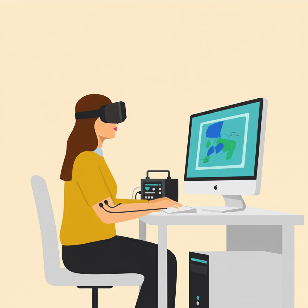 Illustration von einer Frau mit VR-Brille vor einem Computer und mit einem Sensor auf dem Arm. 