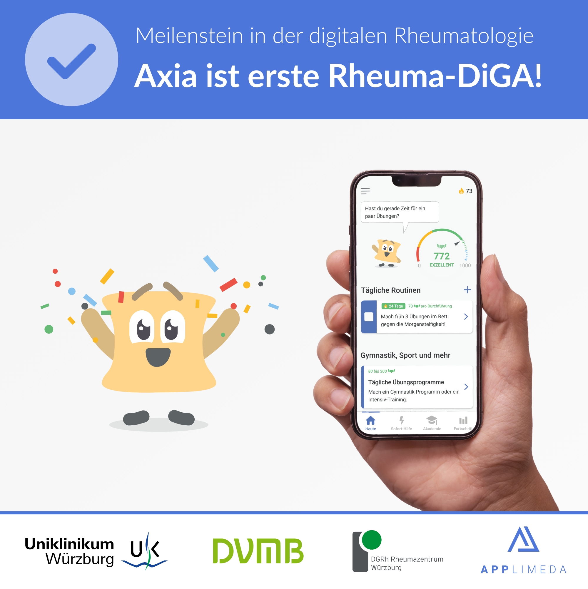 Illustration mit feierndem Maskottchen Bechto (ein Wirbelkörper) sowie einer Hand, die ein Smartphone mit App Axia in der Hand hält und der Überschrift Axia ist erste Rheuma-DiGA.