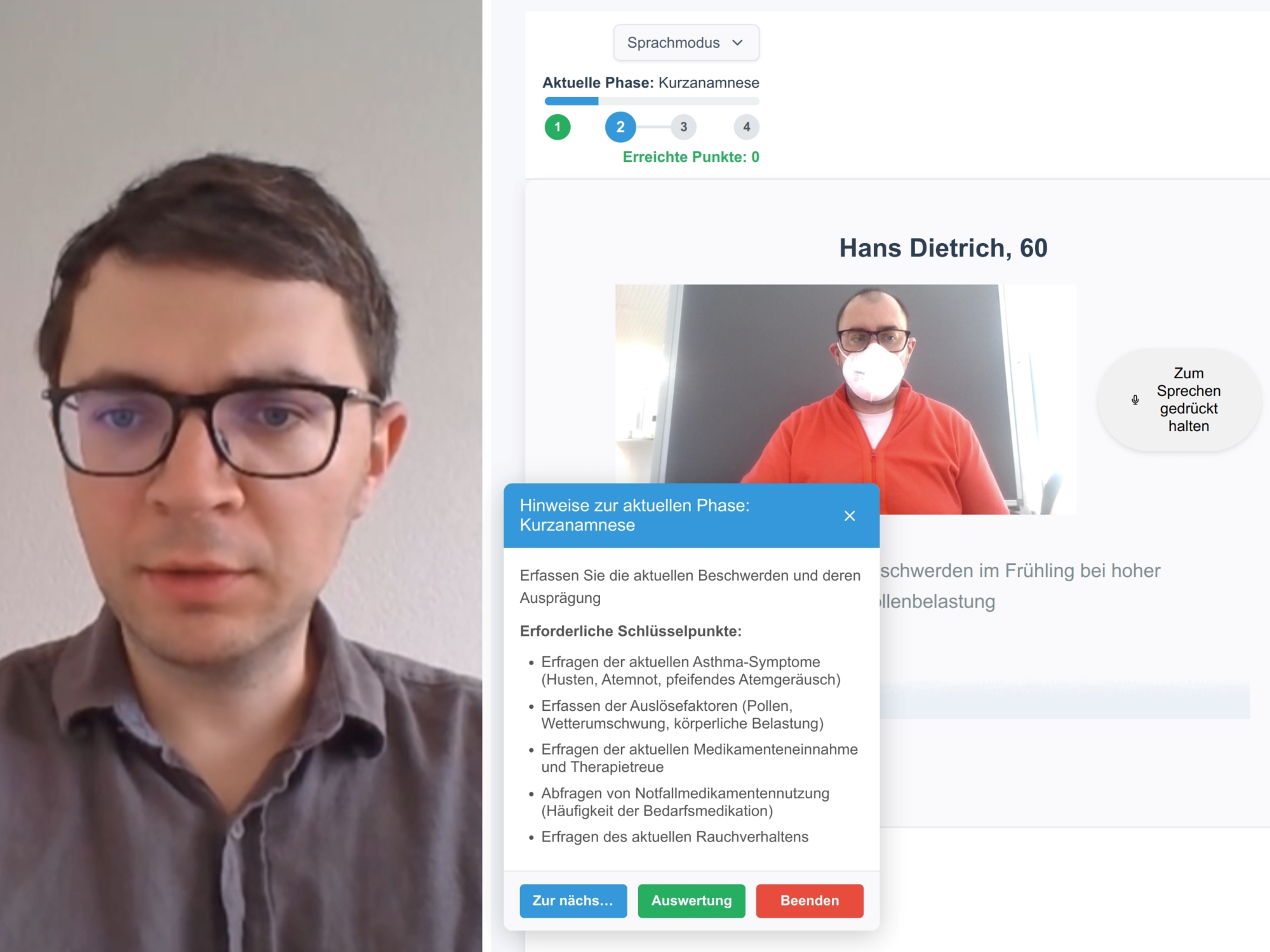 Collage einer Gesprächssituation- links ein Student, rechts die Ansicht des Monitors mit KI-Patient und Benutzeroberfläche mit Gesprächsstruktur und digitalen Unterstützungsmöglichkeiten.