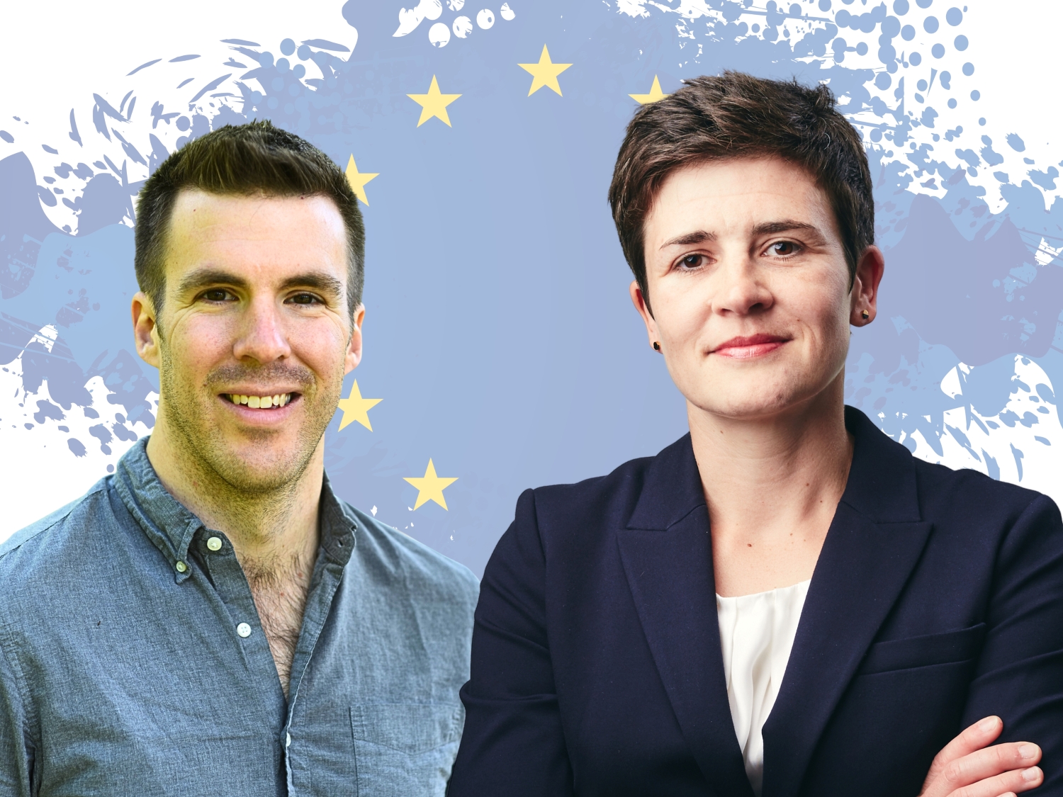 Collage von freigestellten Personen, im Hintergrund Skizze von EU-Flagge