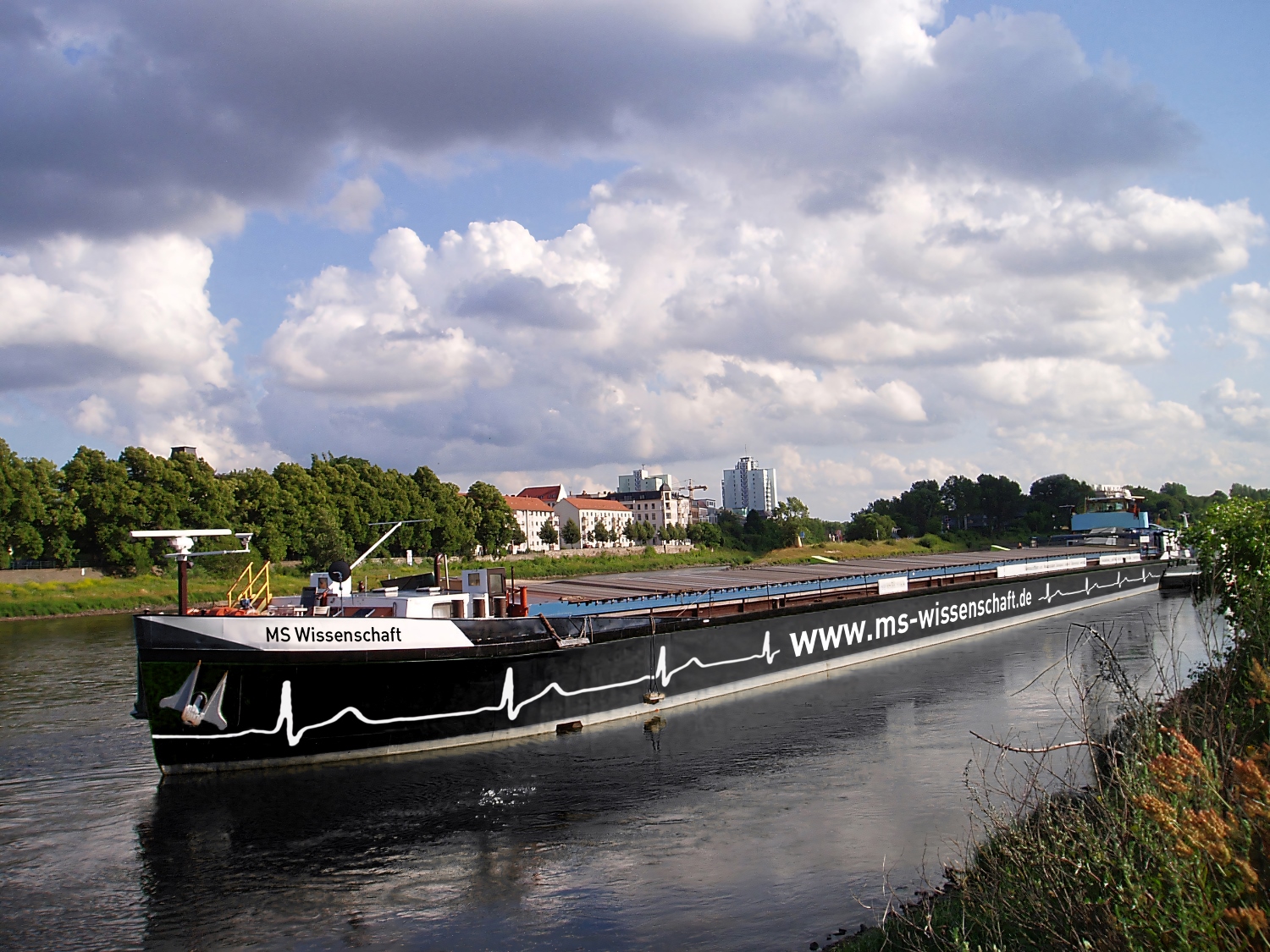 Das Boot mit schwarzem Rumpf fährt auf einem Fluss durch eine grüne Landschaft 