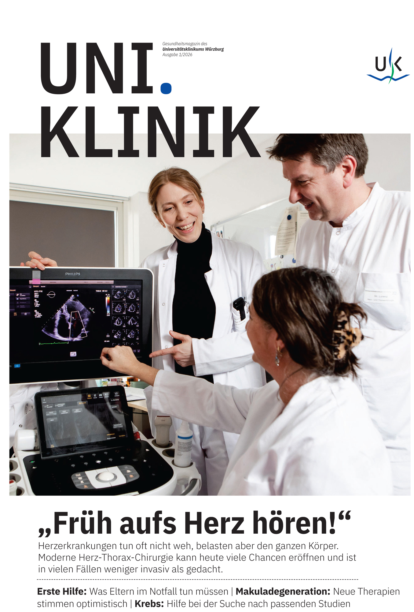 Titelbild Uniklinik Ausgabe 01_2026. Zwei Ärztinnen und ein Arzt schauen auf einem Ultraschallbildschirm.