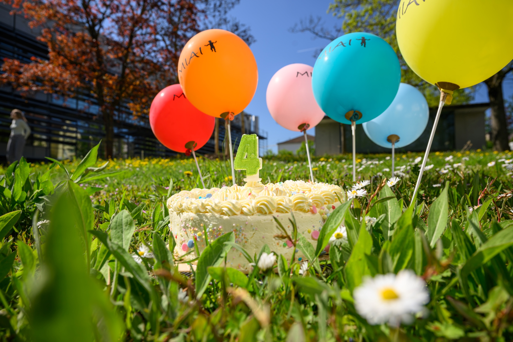 Torte mit bunten Smarties und mit einer grünen Kerze in 4-Form auf einer Wiese, drumherum bunte MIAI-Luftballons 