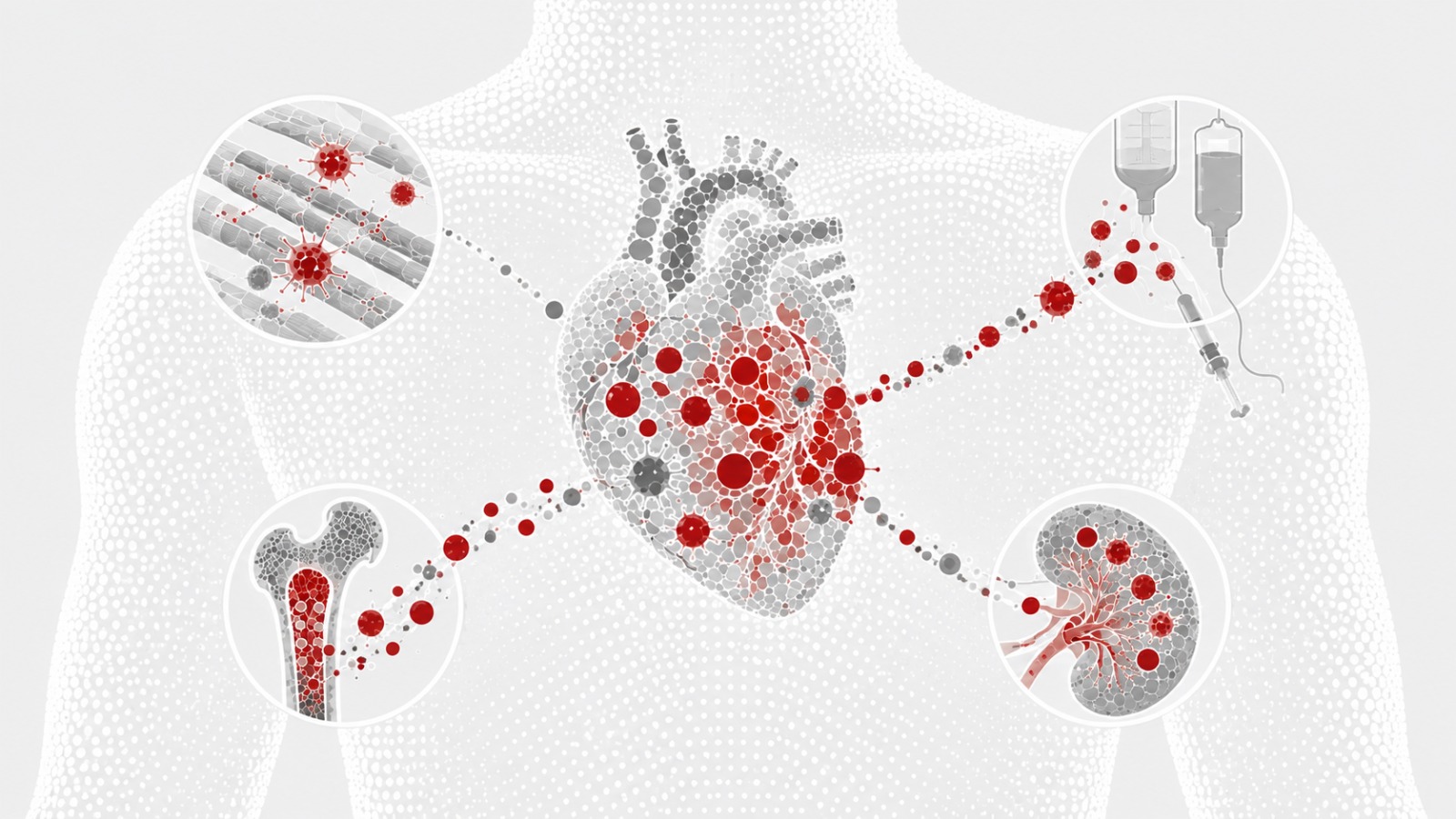 Eine Illustration erstellt mit KI, die den Oberkörper zeigt und das Herz, drumherum einige therapeutische Optionen. 