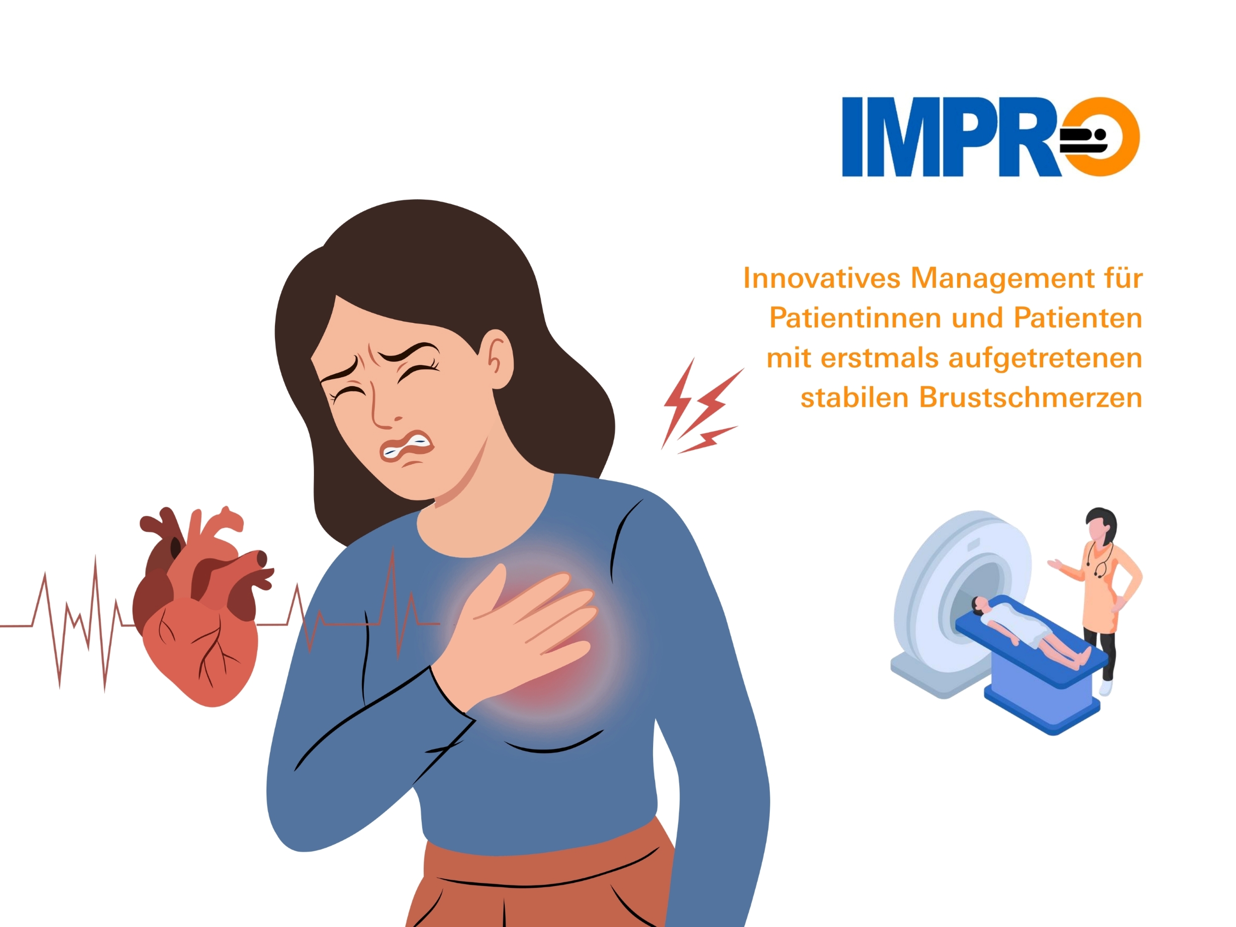 Frau mit schmerzverzerrtem Gesicht fasst sich an die Brust, daneben ist eine Illustration eines Herzens und einer EKG-Linie, rechts im Bild das IMPRO-Studie und eine Illustration von einer Computer-Tomografie. 
