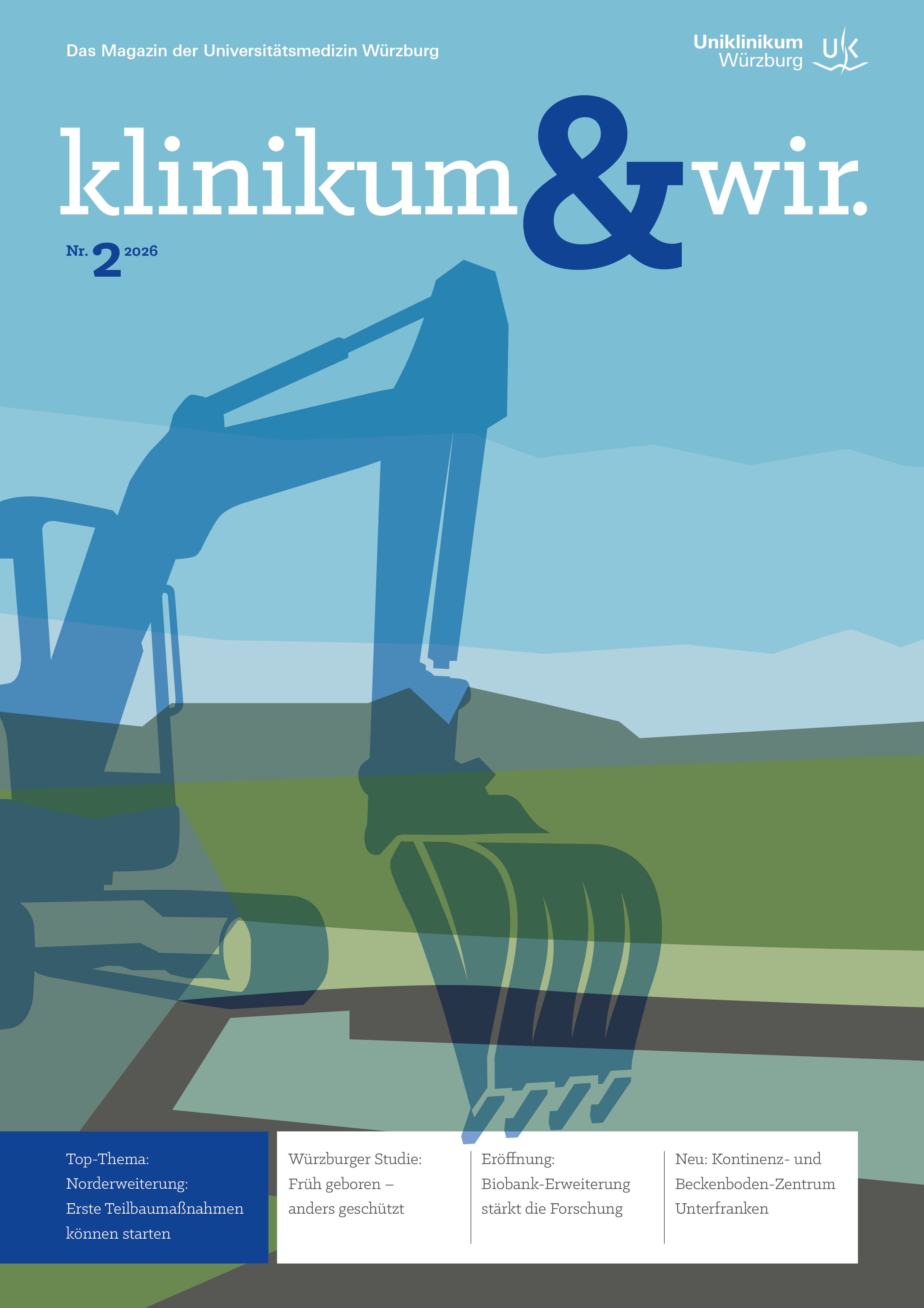Die Titelseite der Ausgabe 2-2026 des Magazins klinikum & wir mit einem blauen Bagger als Grafik.