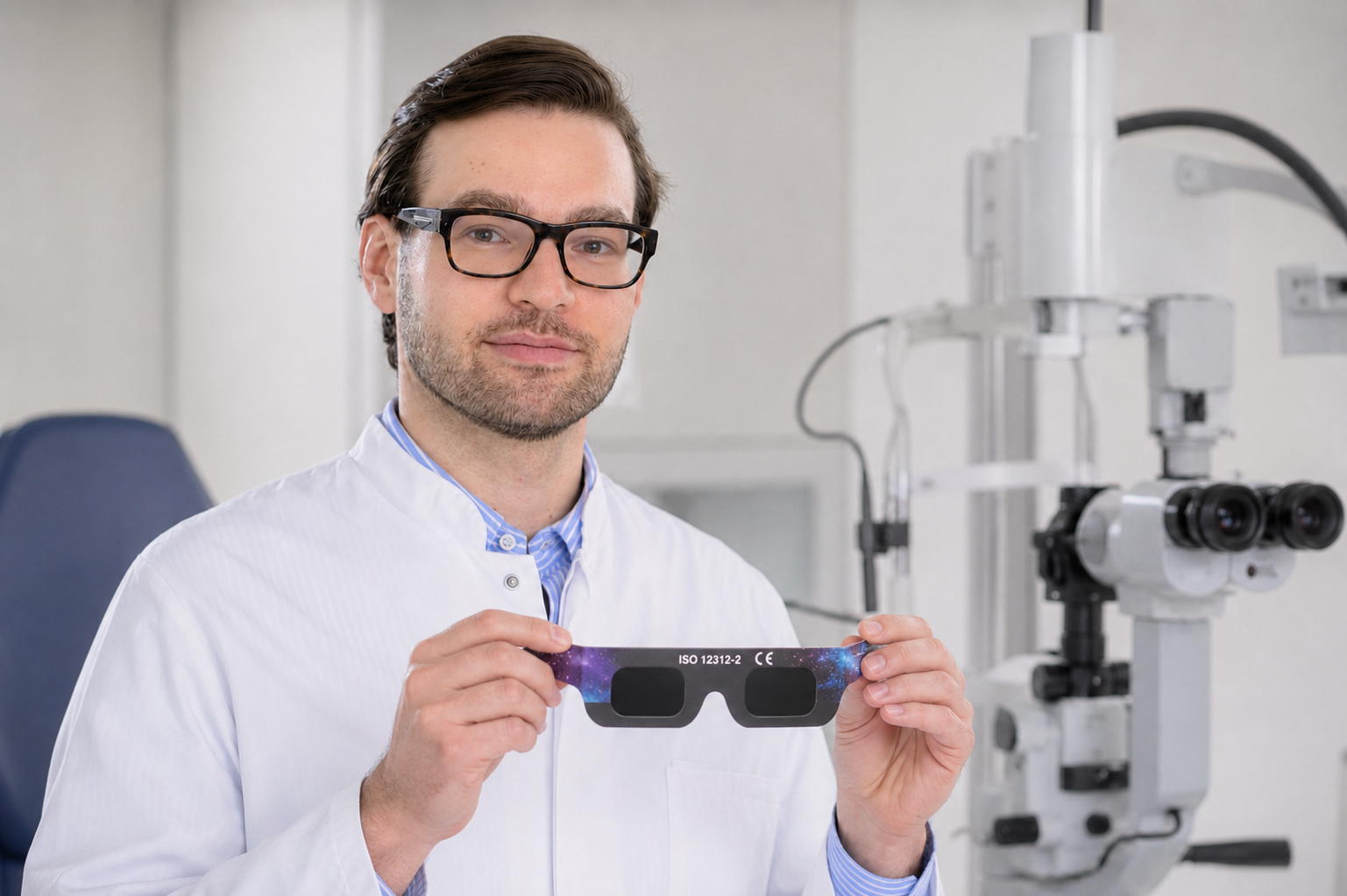 PD Dr. Berlin hält in seinen Händen eine Schutzbrille für die Sonnenfinsternis